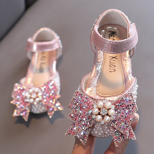 WERYOUNG Girls Sandals Summer Sparkly Sequins Rhinestone Bow Pearl Dance Performance Princess Shoes Girls Versatile Party Wedding School Sandal,Pink,18-24 Months