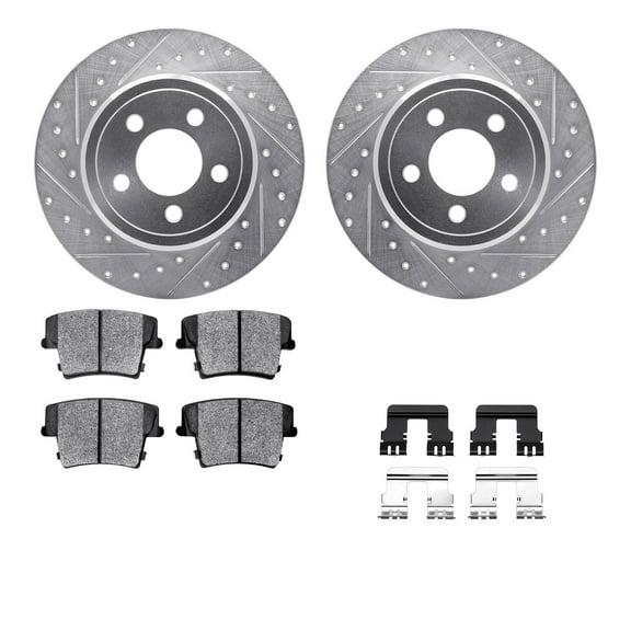 Dynamic Friction Company Rear Brake Rotors-Drilled and Slotted-Silver with 5000 Advanced Brake Pads includes Hardware 7512-39006