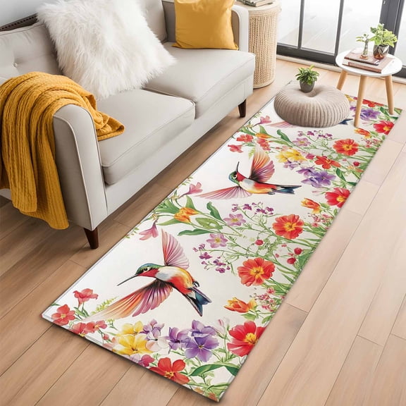 2'x6' Rug Runners for Hallways Kitchen, Spring Floral Non Slip Entryway Beside Floor Carpet Runner, Summer Botanical Vintage Birds Colorful Washable Laundry Room Bedroom Throw Rugs Mat for Family Pet