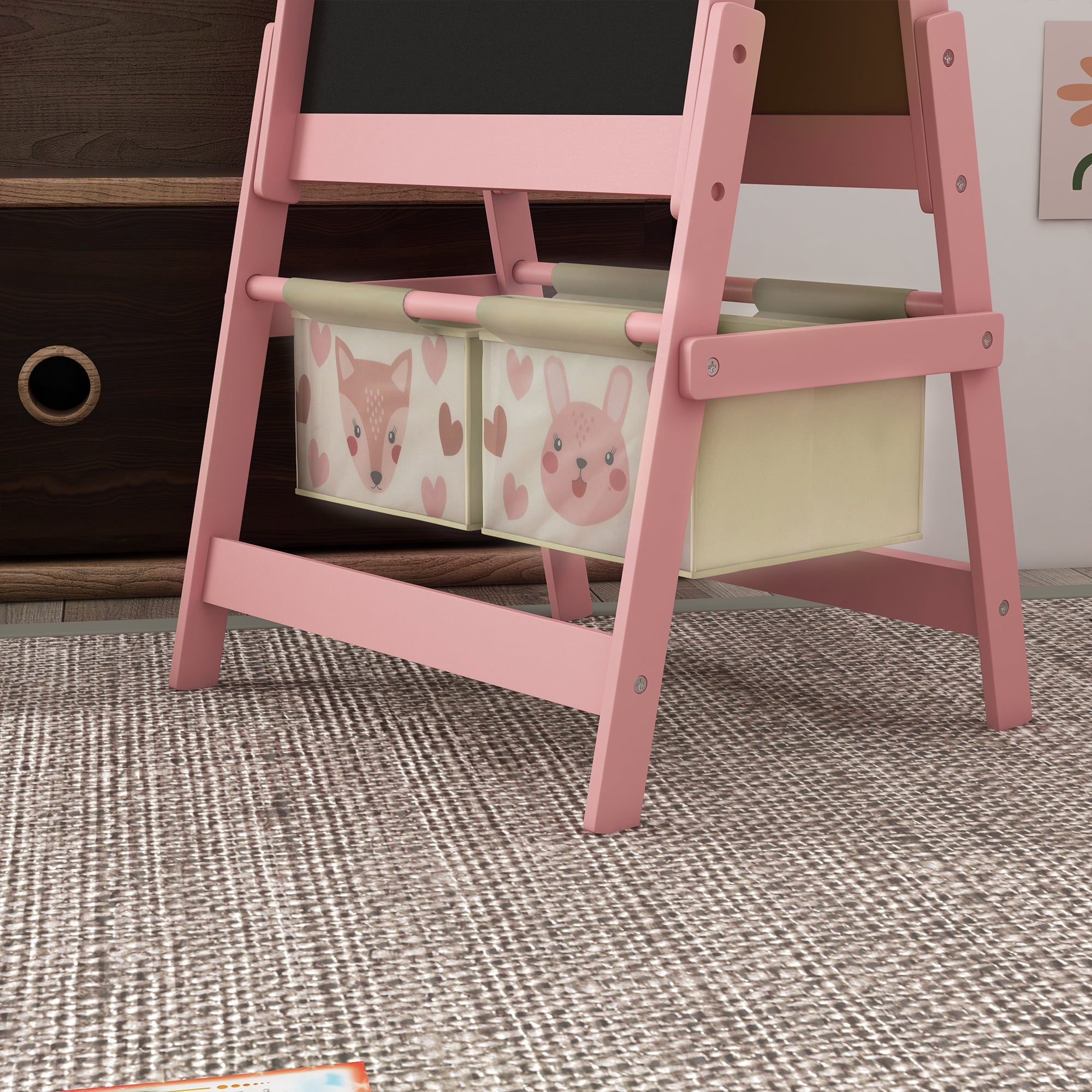 Qaba Art Easel for Kids with Paper Roll, 3 in 1 Toddler Painting Easel with Blackboard, Whiteboard, Storage Baskets, Pink
