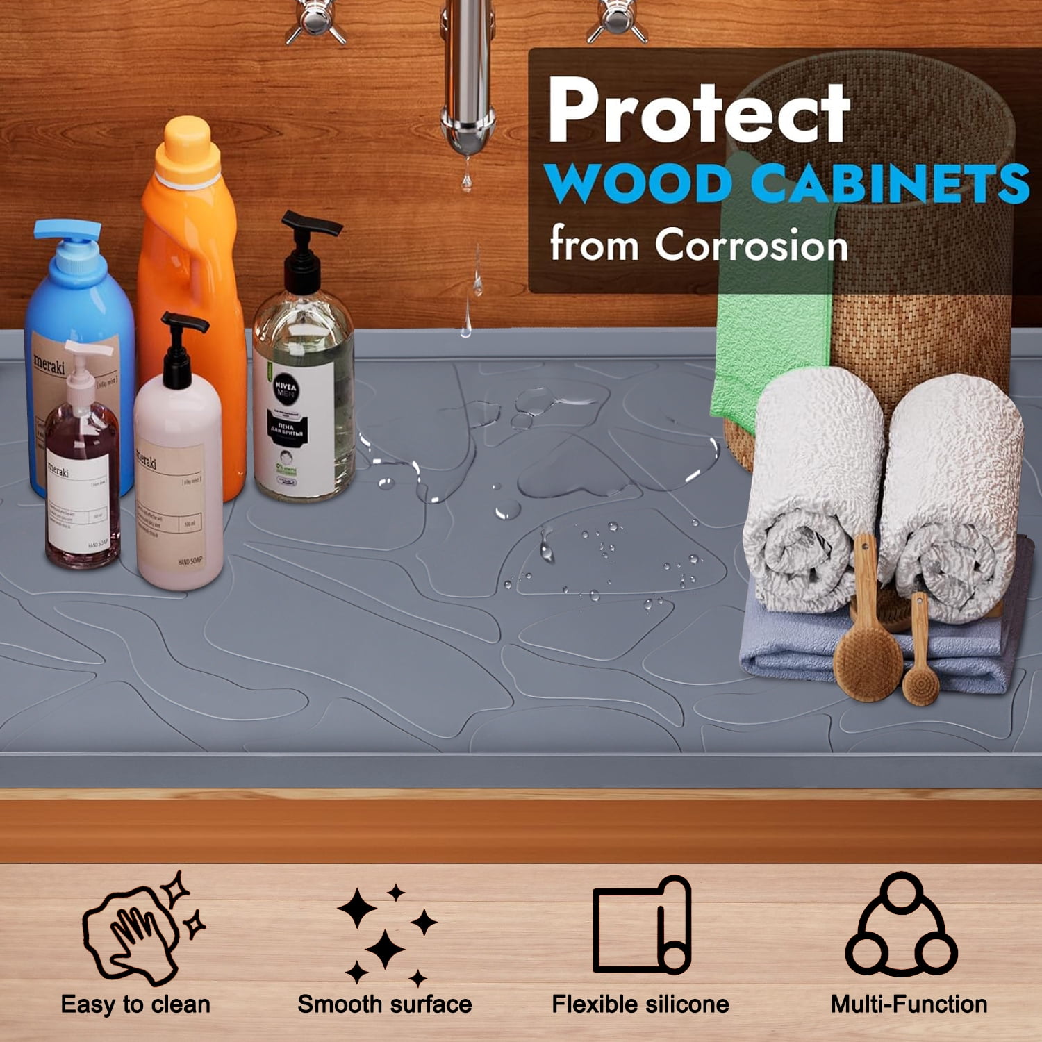 Livhil Under Sink Mat for Kitchen Waterproof, 34"x 22" Silicone Sink Mat Cabinet Liner for Bathroom, Under Sink Mat with Raised Edge, Under Sink Drip Tray Protector
