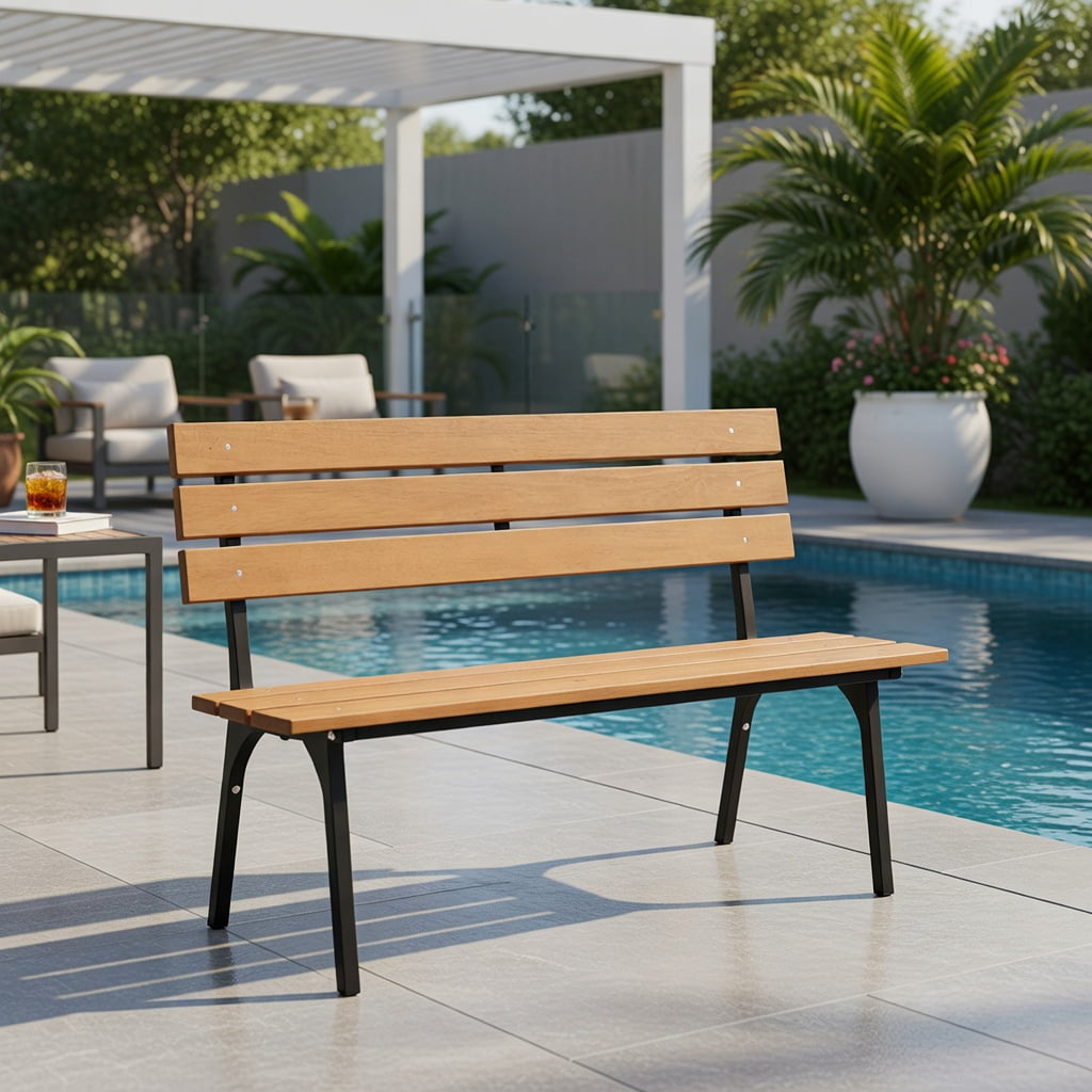 Hommoo 47" Outdoor Acacia Wood Bench with Black Metal Frame, Slatted Patio Bench for Backyard, Garden & Porch, Natural