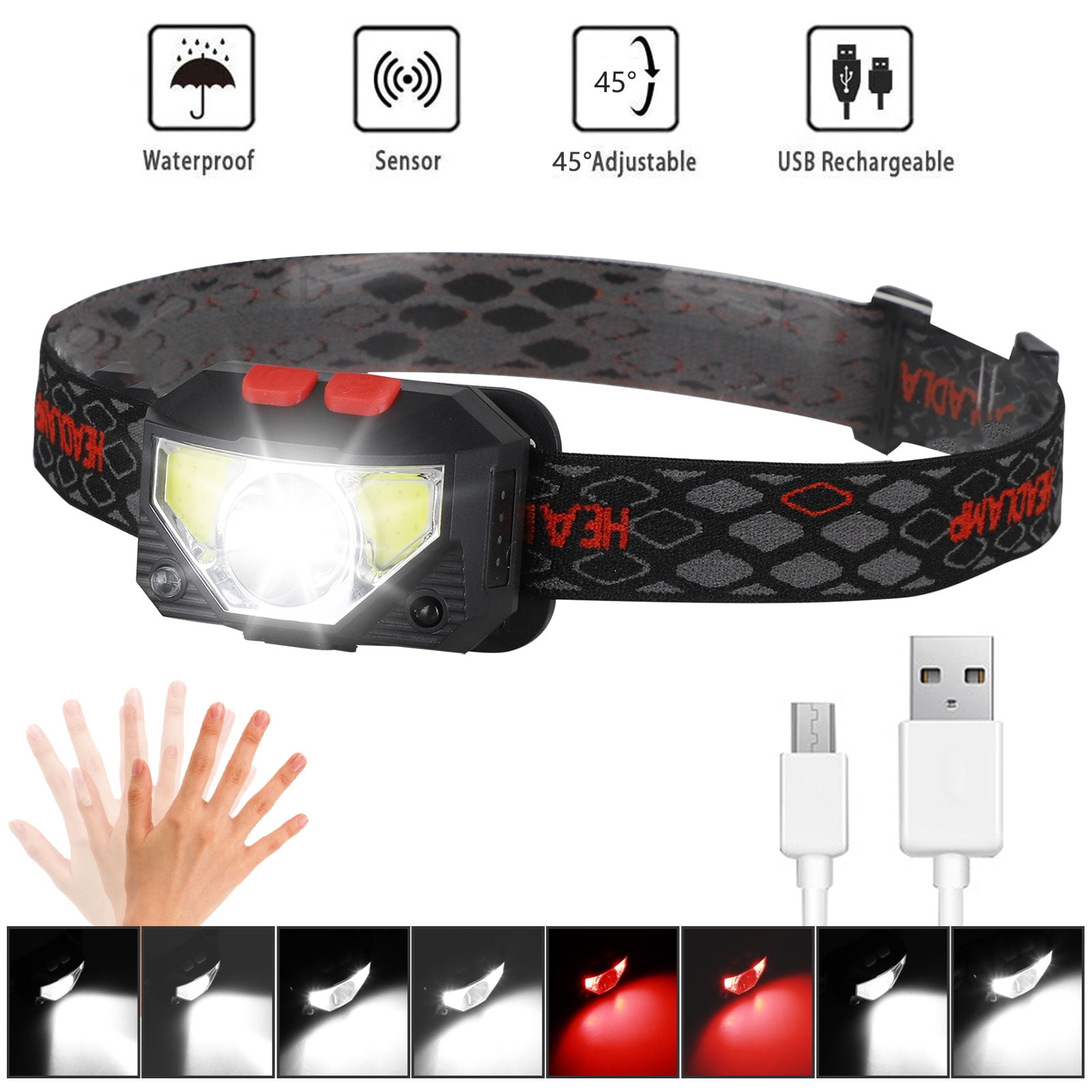 USB Rechargeable Headlamp Flashlight, Motion Sensor LED Headlamp, 800