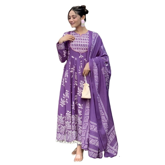 KLOSIA Women Viscose Printed Anarkali Kurta Pant Dupatta Set - Indian Ethnic Traditional Wear Anarkali Kurta Set