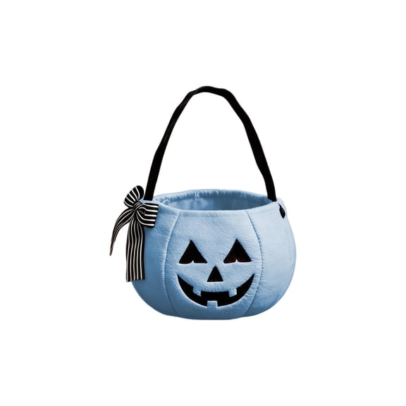 Halloween Decoration Trick or Treat Bag Candy Buckets Handheld Pumpkin Basket with Striped Bow, Cute Halloween Gift Bags Party Favors, 7.87 x 5.12in