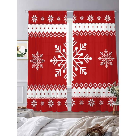 Chrsitmas Snowflake Sheer Curtains 84 inches Long 2 Panels Set Winter Snow Red Background Tiers Sheers Rod Pocket Small Window Short Curtains for Kitchen Cafe, Each 52" W x 84" L