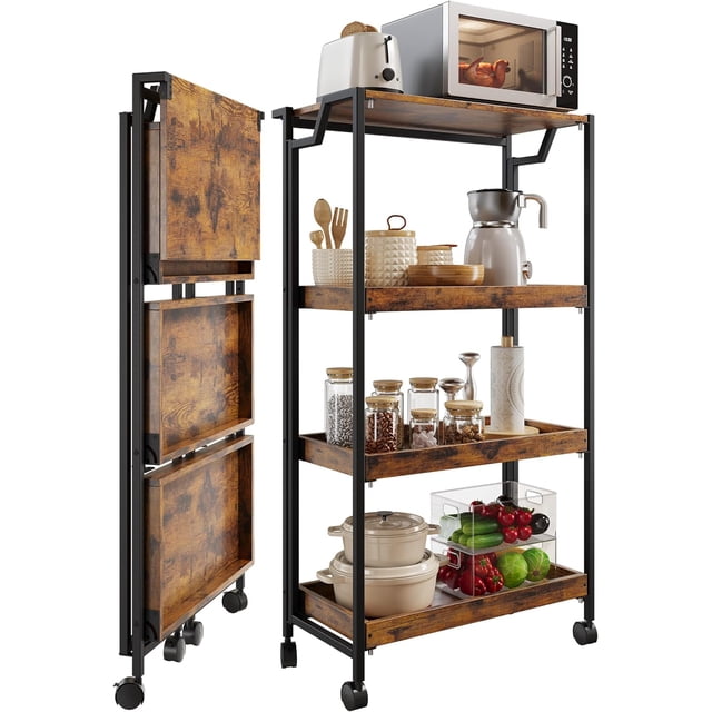 Large 4-Tier Collapsible Wooden Storage Shelf with Locking Wheels 100 lbs Capacity No Assembly Required Space-Saving Organizer for Kitchen Garage Workshop Home
