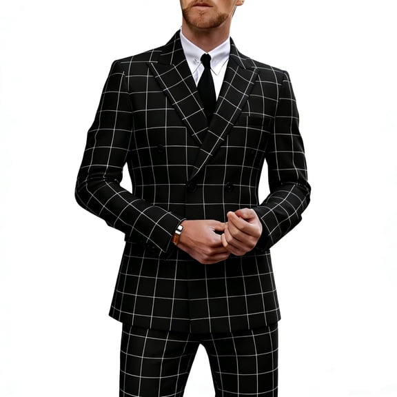 i·FineLong Men's Stylish Plaid Pattern Slim-Fit Two-Piece Suit for Formal & Casual Occasions