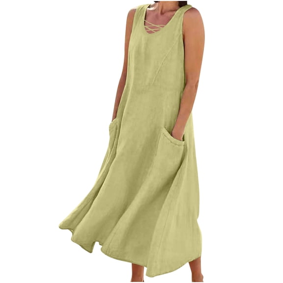 Tnhcen Women's Sleeveless V Neck Dress 100% Polyester Pre Shrunk Pocket Linen Look Casual Maxi Dress Plus Size S - 2XL Loose Flowy Summer Beach Casual Dress for Women