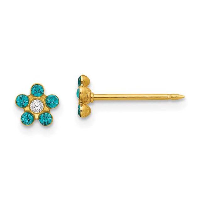 Quality Gold 792E Inverness 14K Yellow Gold December Blue Crystal Birthstone Flower Earrings