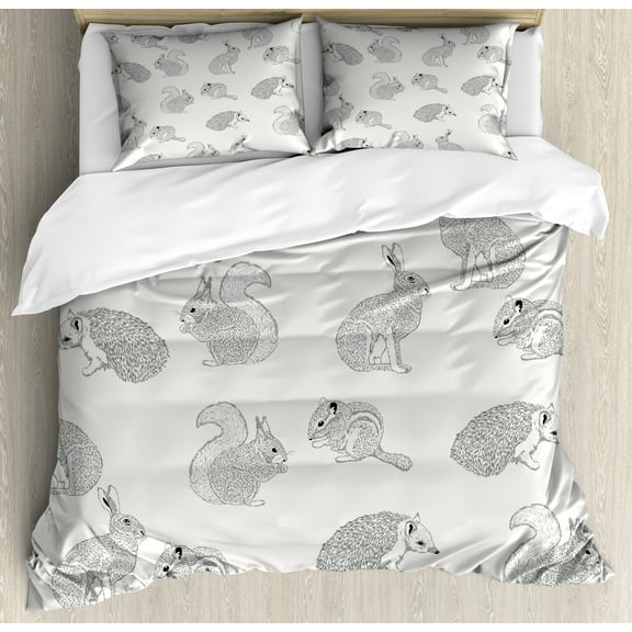 Grey Duvet Cover Set, Ornamental Birds on Trees Winged Flying Feather Contemporary Art Nature, Decorative 3 Piece Bedding Set with 2 Pillow Shams, Calking Size, Grey White Black, by Ambesonne