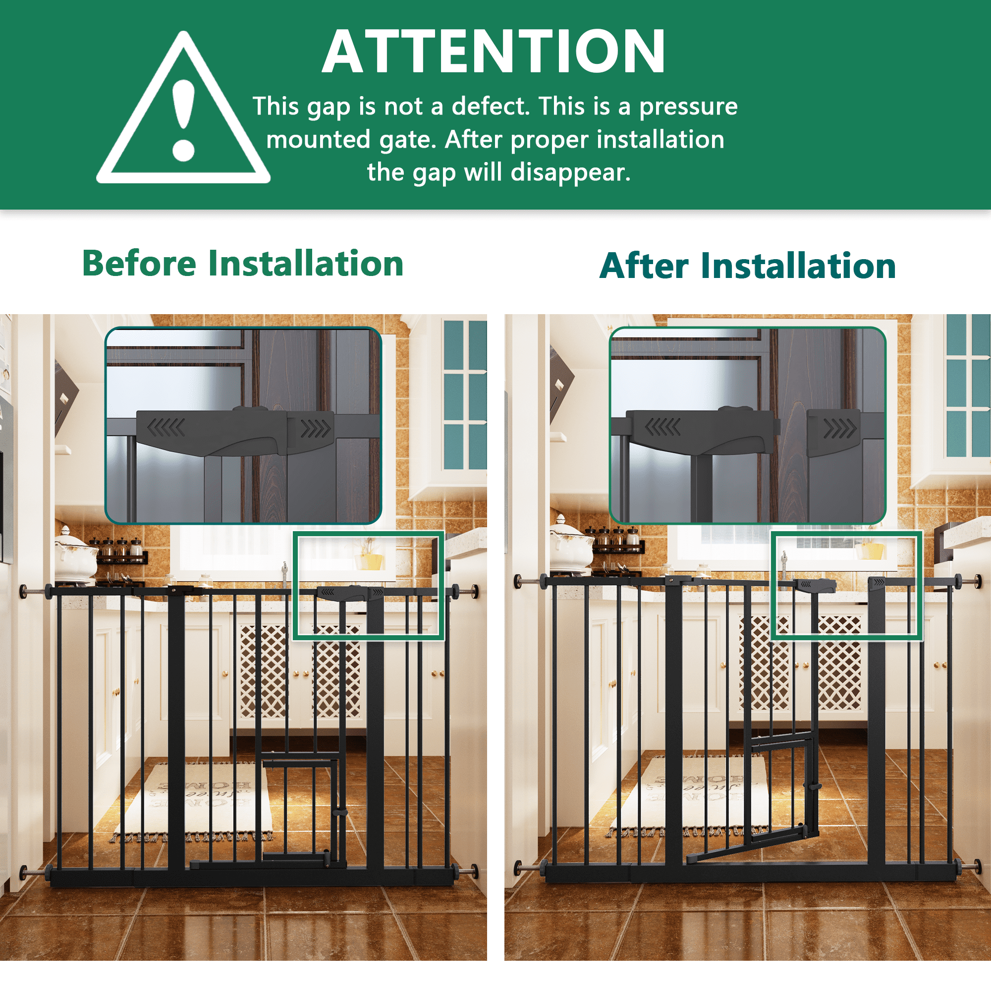 Metal Baby Gate with Cat Door for Stairs and Doorways, Pressure Mounted Safety Gate with Double Lock, No Tools Needed for Kids and Pets, Black