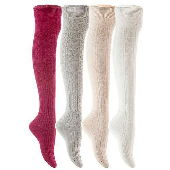 Meso Women's 4 Pairs Over Knee High Cotton M1024 Size 6-9(Black, Dark Grey, Grey, Cream)