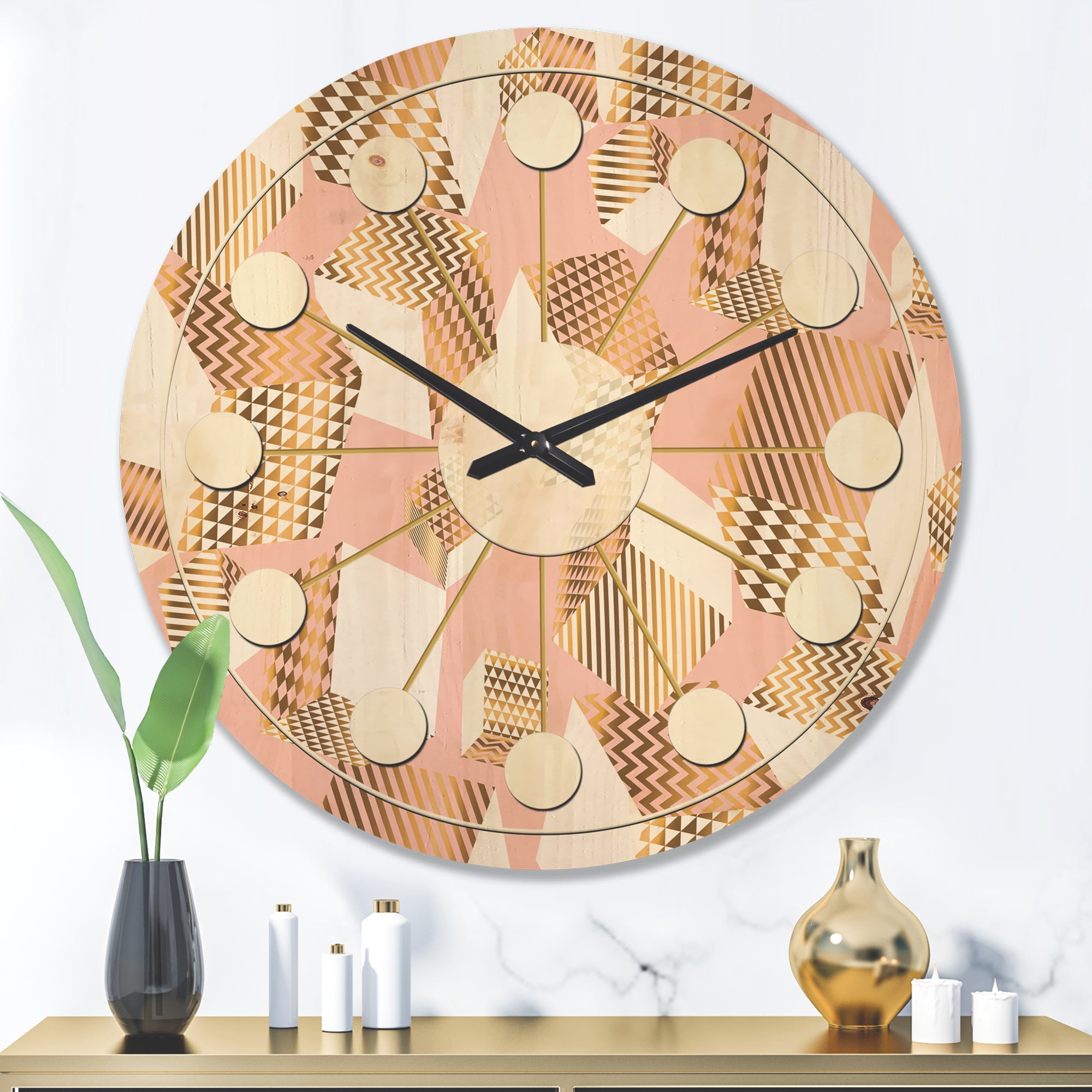 Designart 'Rose and Gold Cubes I' Mid-Century Modern Wood Wall Clock
