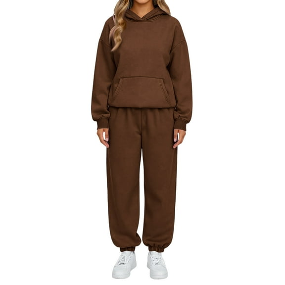 CharmCyan Women's Casual Hooded Sweatshirt And Wide-Leg Pants Tracksuit Set Coffee L
