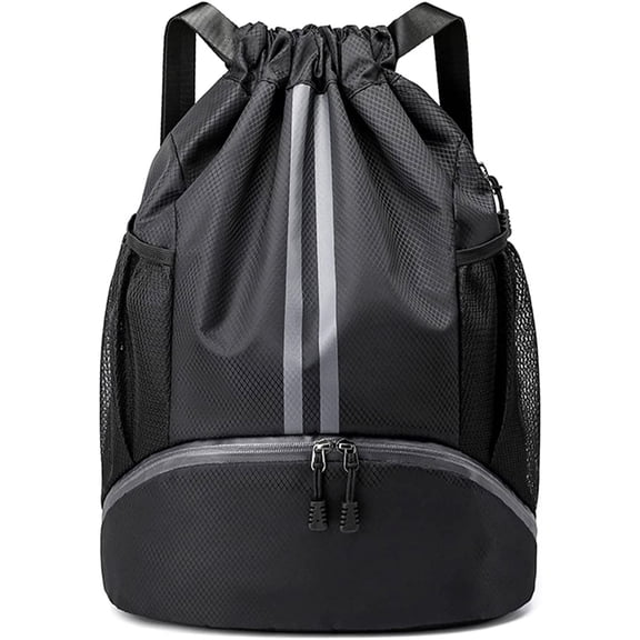 Swim Bag Sackpack, Lightweight Drawstring Backpack Training Gymsack with Dry Wet Compartment, Waterproof Casual Bags for Gym Shopping Swimming Yoga Sport (Black)