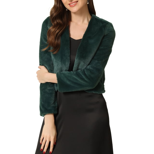 CHAQUETA CORTA ABIERTA INSPIRADA EN CHIC PARA MUJER, BOLERO DE FALSO PIEL DE MANGA LARGA, ABRIGO DE INVIERNO M VERDE OSCURO
