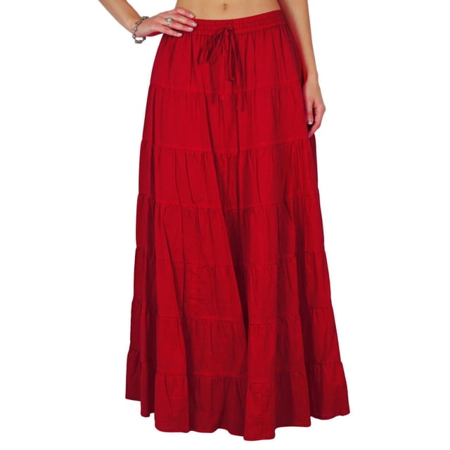 Phagun Women's Summer Cotton Brick Red Skirt Ethnic Design Drawstring Waist - 24