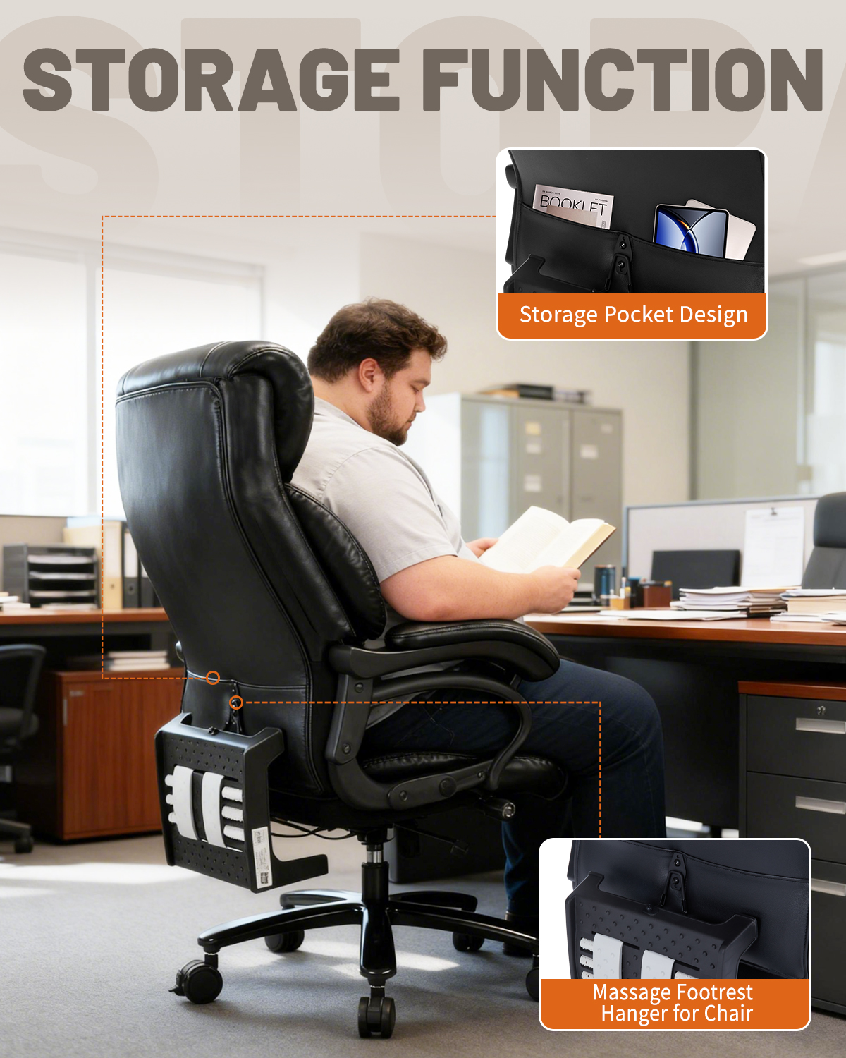 800LBS Large Heavy Duty Office Chair with Massage Footrest, Big and Tall Office Chair with Adjustable Lumbar Support, PU Leather Executive Chair with Extra Wide Seat