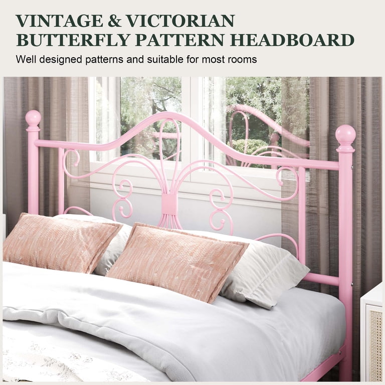 Amolife Queen Metal Platform Bed with Butterfly Headboard, Pink photo 4
