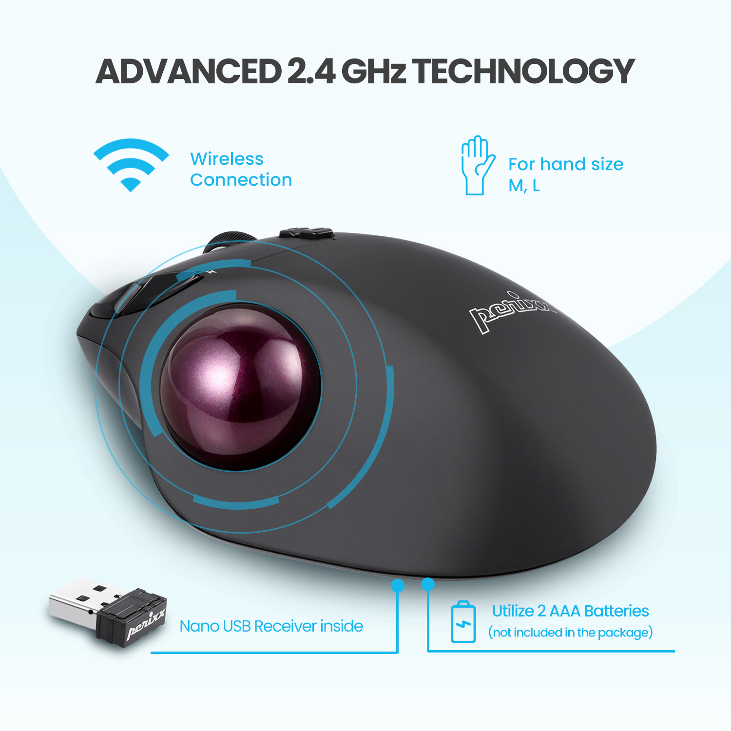 Perixx Perimice-717 Wireless Trackball Mouse, Ergonomic photo 2