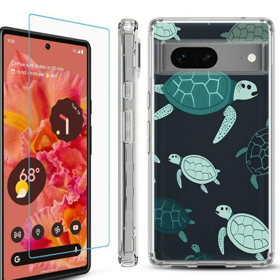 OneToughShield ® Compatible with Google Pixel 8, Shockproof Phone Case, with Tempered Glass Screen Protector - Sea Turtle Mix
