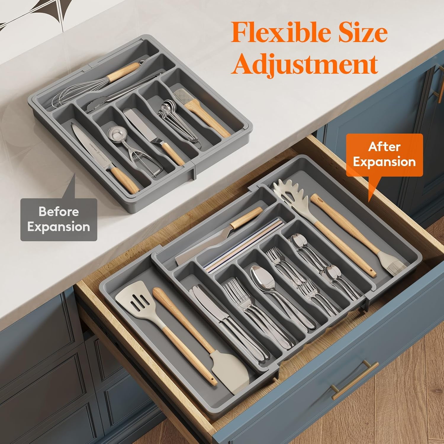 Expandable Utensil Organizer ,Silverware Drawer Organizer for Kitchen Drawers, Adjustable Cutlery and Flatware Tray, Plastic Spoons Forks Knives Holder Storage Dividers, Large, Gray