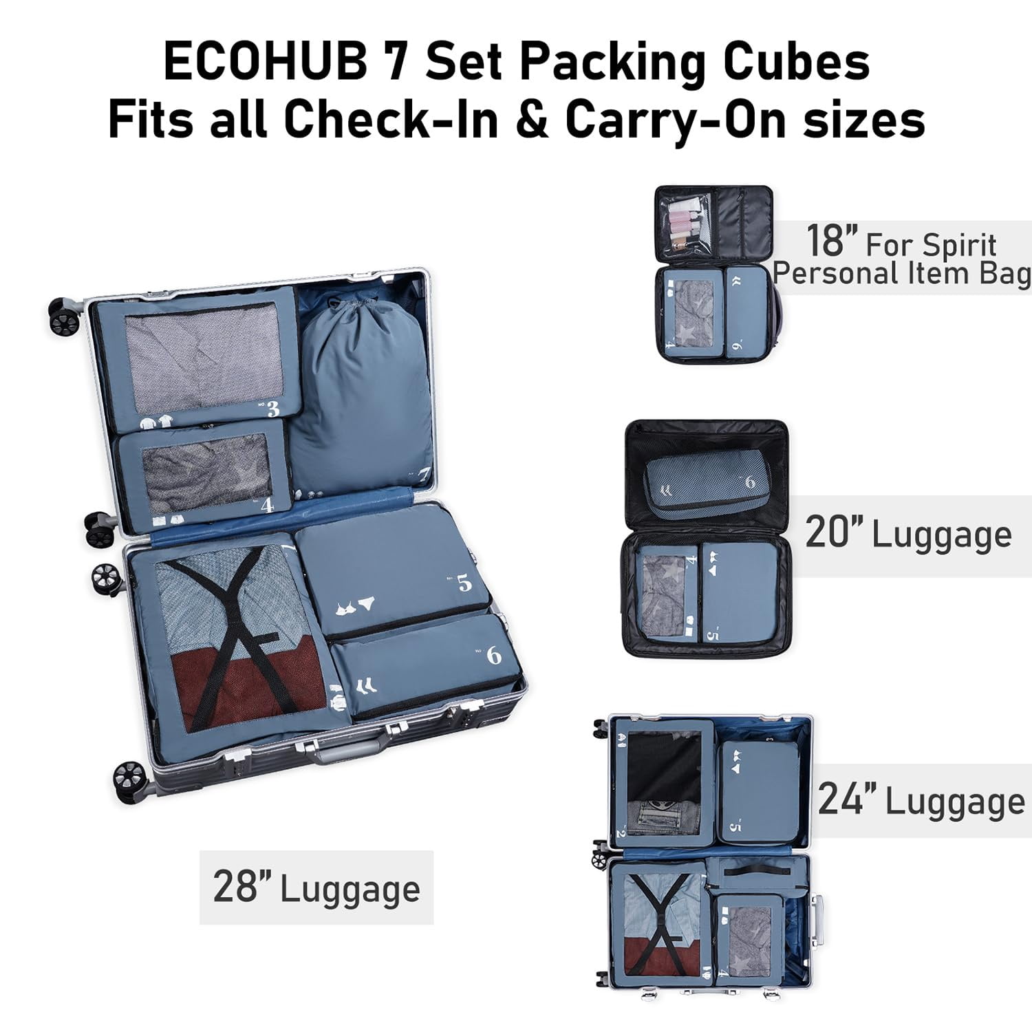 7 Pcs Packing Cubes for Travel Organizer Tear-Resistant with Number Icon Handle Storage Bags for Carry on Bag for Clothes Shoes, Blue