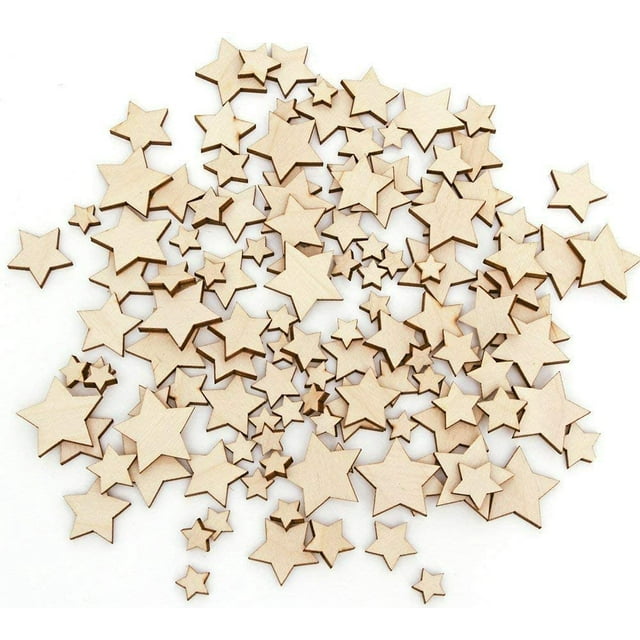 DERAYEE 100 piezas de adornos de estrellas de madera sin terminar, tamaños surtidos, piezas de madera en blanco, estrella para Navidad, boda, fiesta, manualidades