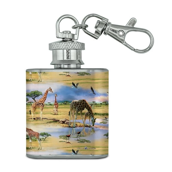 Giraffe Family African Animals Pattern Stainless Steel 1oz Mini Flask Key Chain