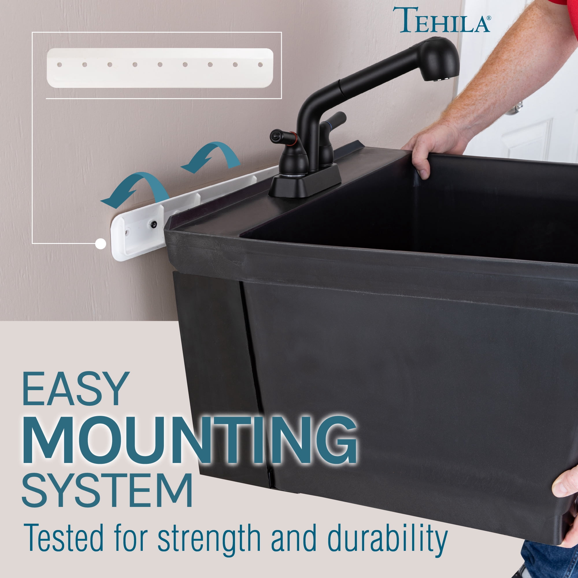 Tehila Wall Mounted Black Utility Sink with Matte Black Finish Pull-out Faucet