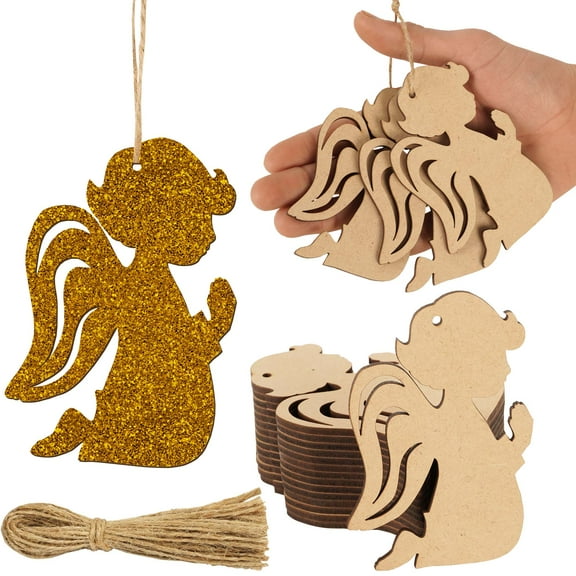 Inkdotpot 40pcs Angel Wooden Ornament with Holes 3.5" Unfinished Predrilled Natural Wood Slices for Crafts Wooden DIY Christmas Ornaments Hanging Ropes Included