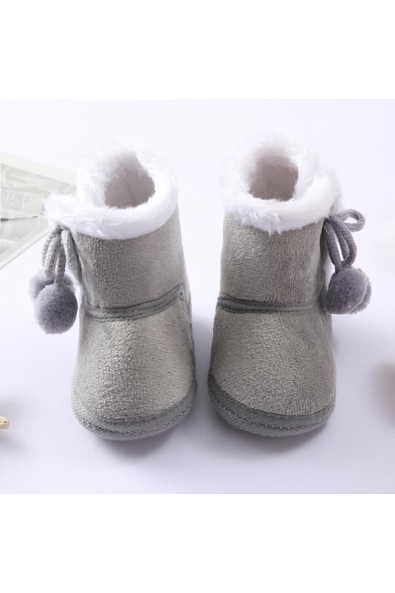 Toddler Baby Solid Color Plus Velvet Cotton Shoes Newborn Double Pompom Mid-Calf Snow Boots