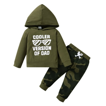 

Kucnuzki 2T Toddler Boy Fall-Winter Outfits Pants Sets 4T Toddler Boy Long Sleeve COOLER Letter Carton Prints Hooded Sweatshirt Tops Elastic Camouflage Pants 2PCS Set Green