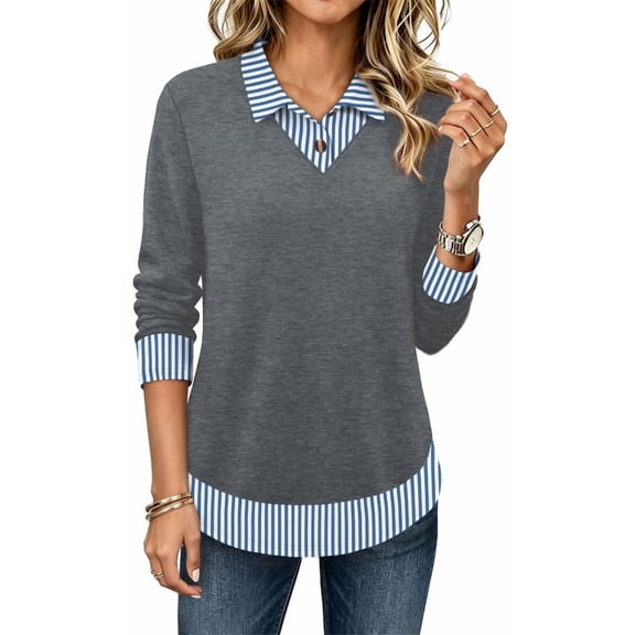 Ronuti Polo Shirts for Women Long Sleeve Tunic Tops Fall Fashion Womens Blouses Grey Stripe