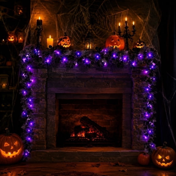 Black Maple Leaf Halloween Lighted Garland, 78.7 Inch Purple LED Artificial Vine, Glowing Hanging Foliage Rattan for Staircase Mantel Front Door Indoor Outdoor Halloween Holiday Decor