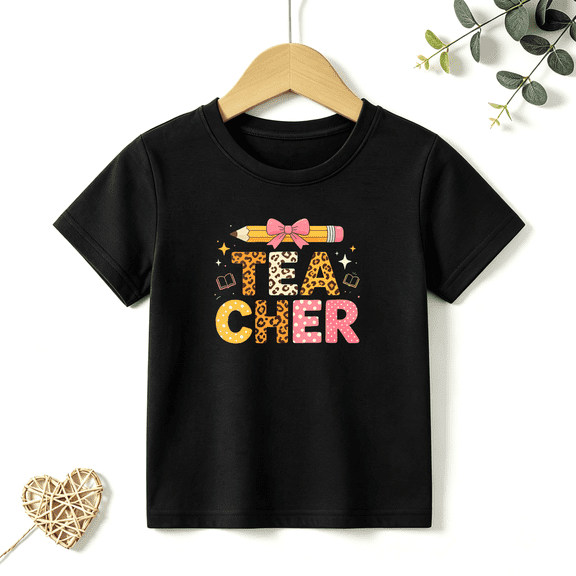 Girls Graphic Tees Teacher Pencil Bow Kids T Shirt School 100% Cotton Short Sleeve Soft Tops 4-13Y