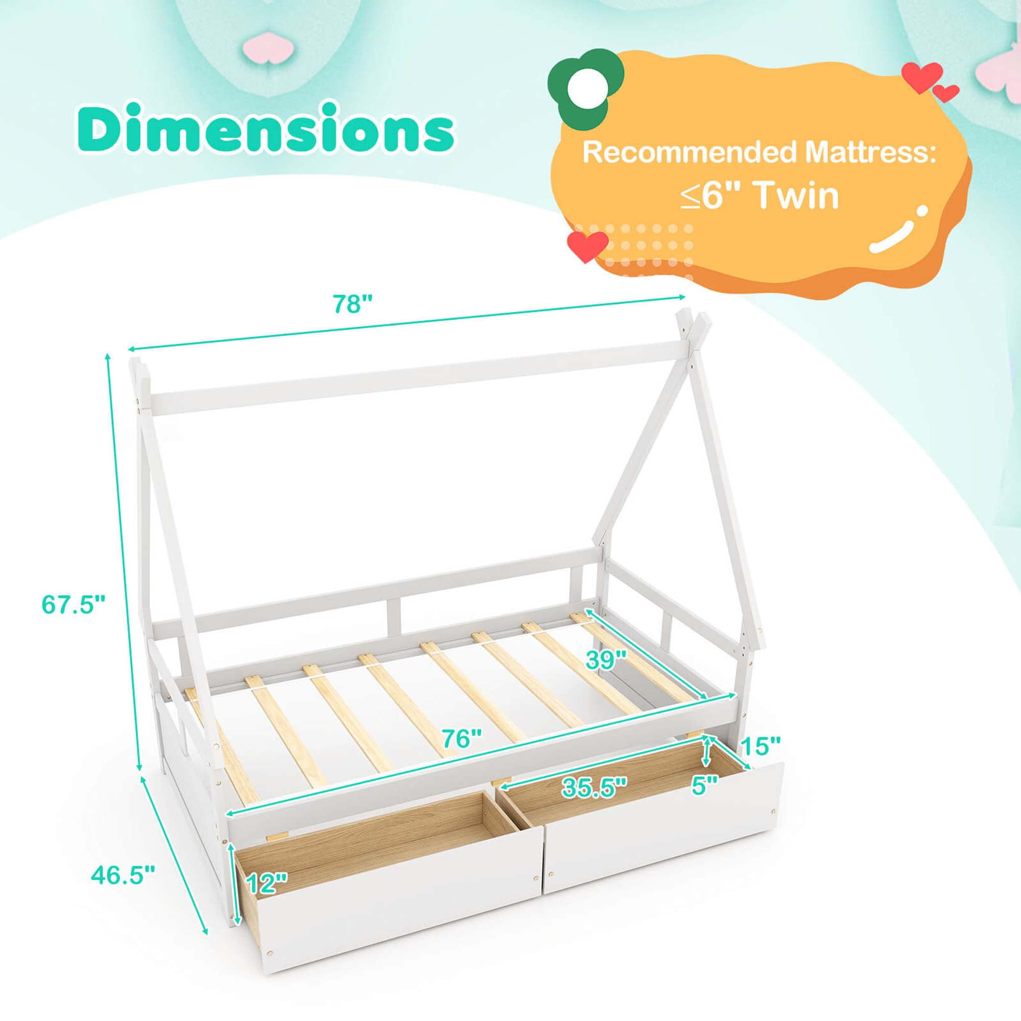 Costway Twin Size House Bed with Roof Safety Guardrail 2 Storage Drawers Wood Slat Support White