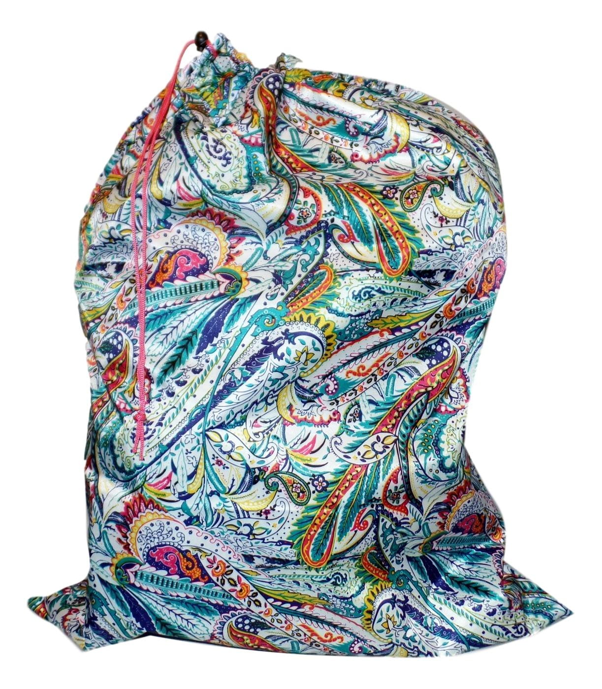 Large Drawstring Fashion Print Coated Polyester Laundry Bag Blue