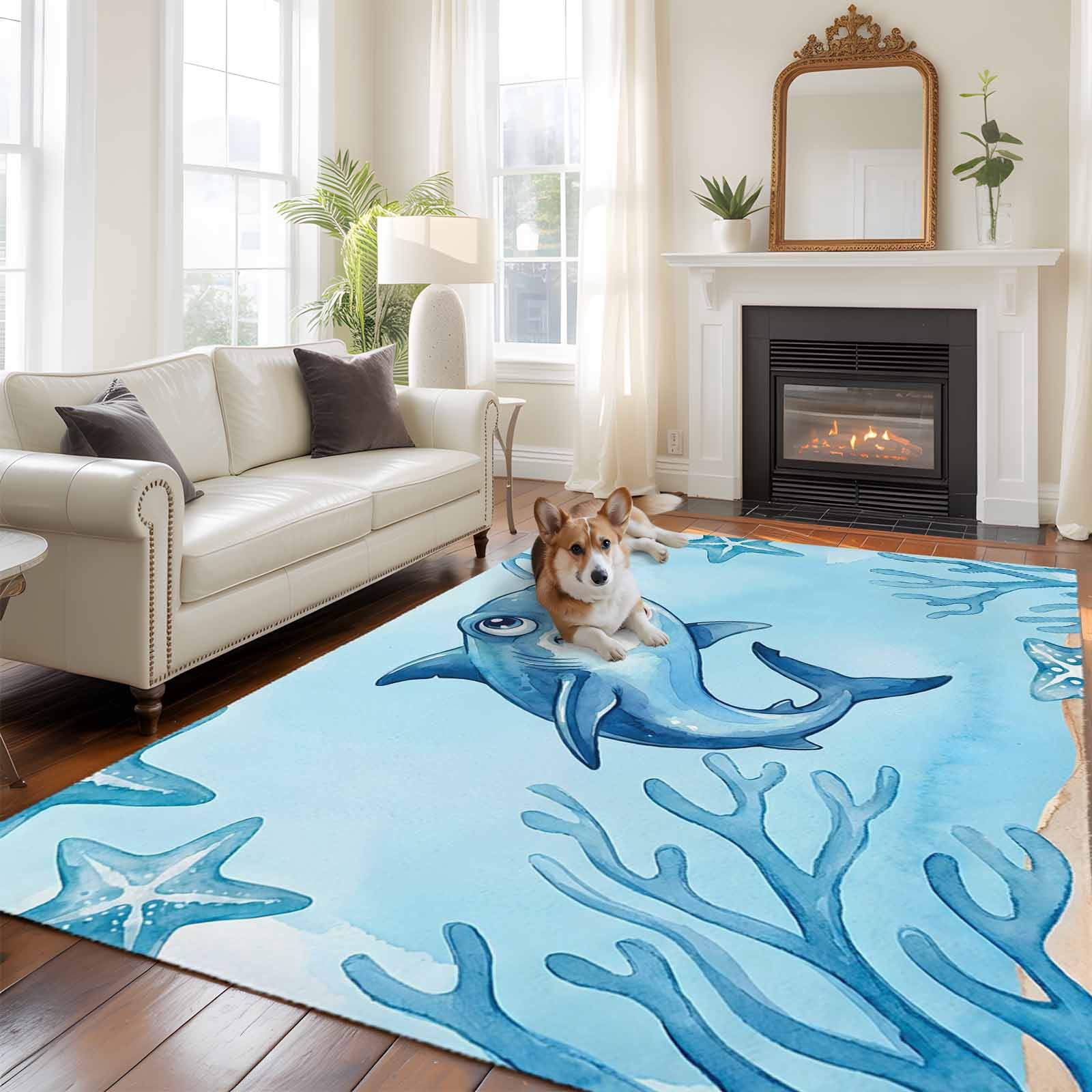 Blue Shark Coastal Area Rugs 5'x8', Washable Small Throw Rugs for Classroom Bedroom, Summer Beach Coral Nautical Ocean Indoor Outdoor Rug Non-Slip Low Pile Carpet Runner Reversible Floor Mats