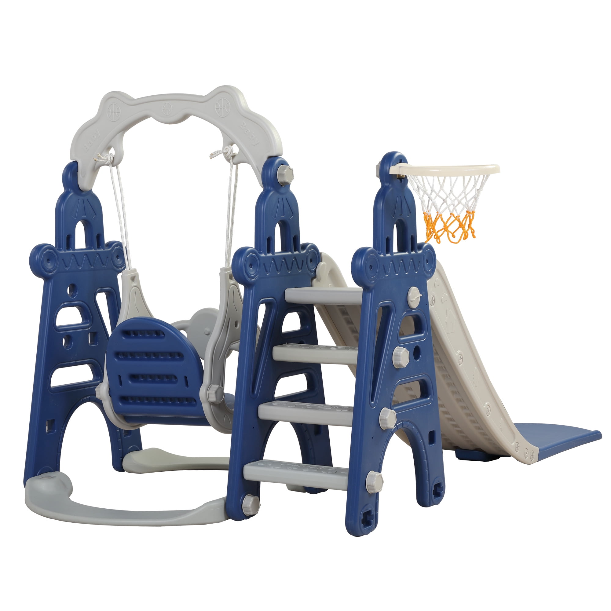 Kids Swing and Slide Set 3-in-1 Slide with Basketball Hoop for Indoor and Outdoor Activity Center,Blue+Gray