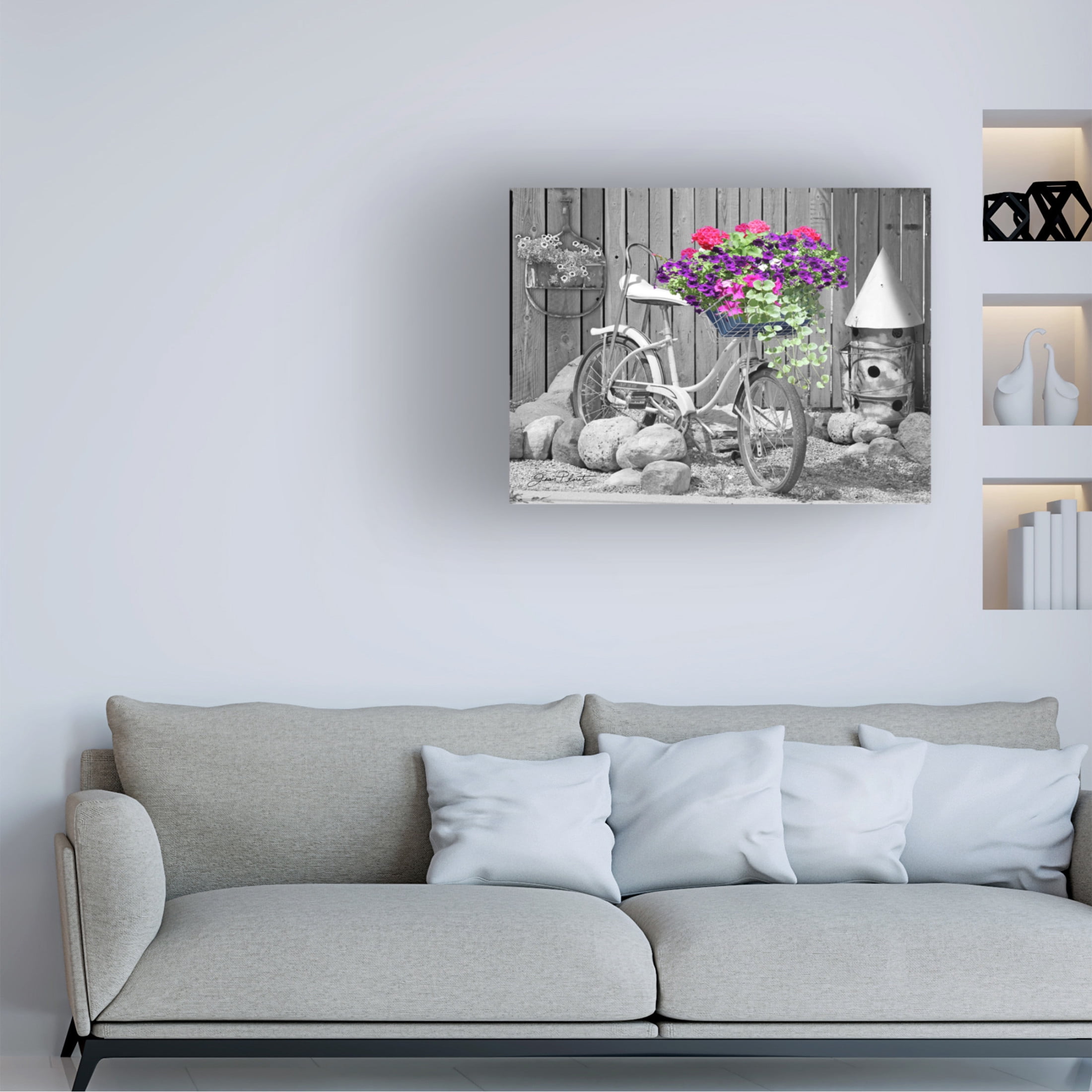 Canvas Wall Art - Jean Plout 'Bike With Flower Basket B' Wall Art for Living Room, Bedroom, or Office Décor by Trademark Fine Art - 19 x 14 Inches