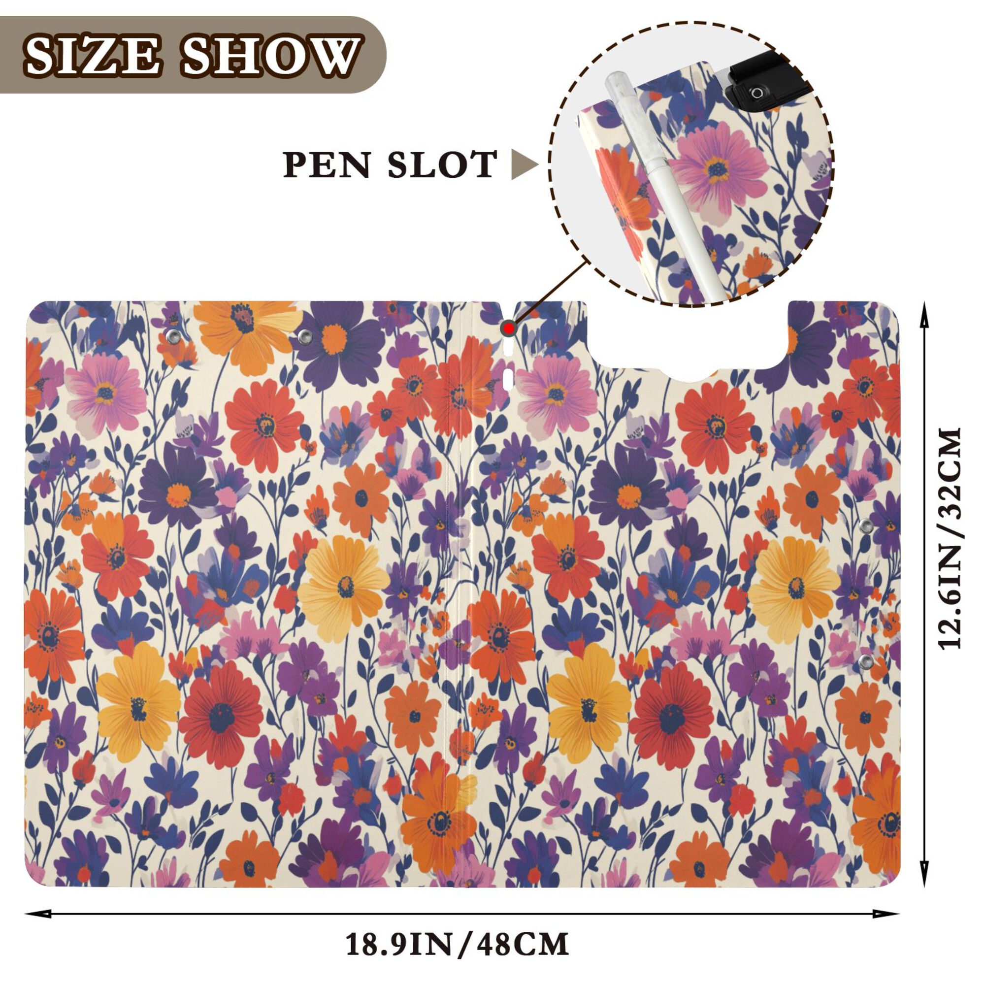 FORMRS A4 Clipboard Folder with Pen Holder Horizontal Foldable School Office Binder, Colorful Flowers Pattern