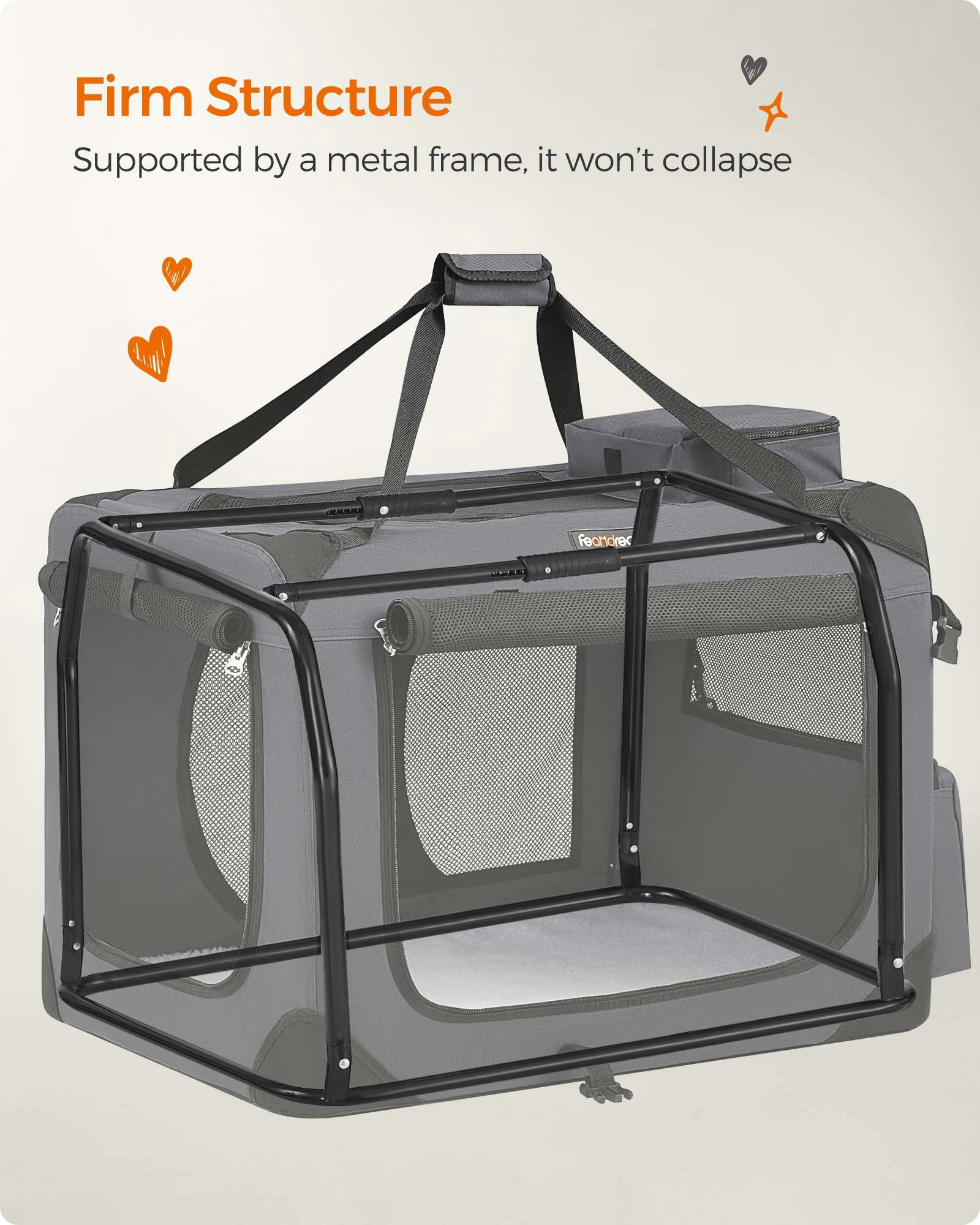 Feandrea Dog Crate, Collapsible Pet Carrier, L, Portable Soft Dog Crate, Oxford Fabric, Mesh, Metal Frame, with Handle, Storage Pockets, Gray