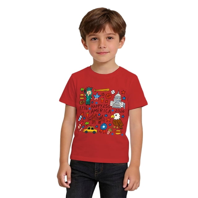 MIASHUI T-Shirt Graphique Patriotique à Manches Courtes pour Garçons, Jeunes Enfants, Chemise Décontractée Confortable Rouge, 10-11 Ans