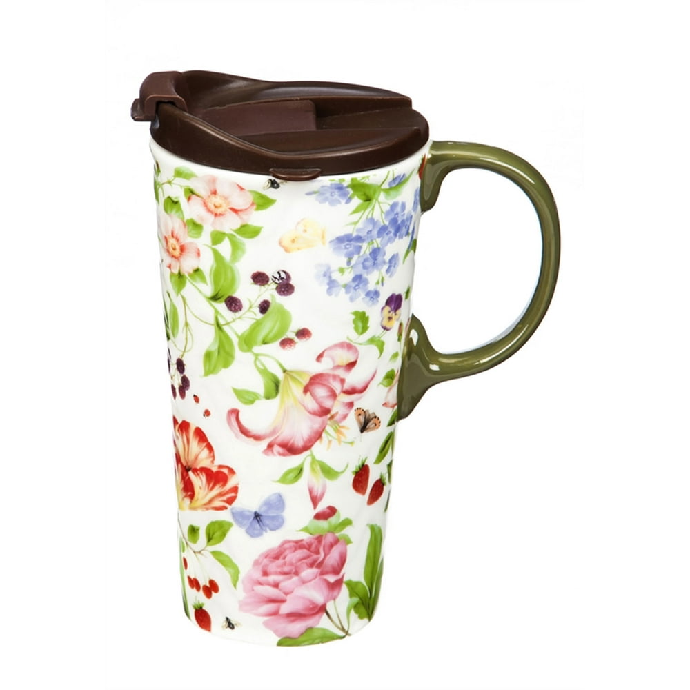 Embossed Ceramic Travel Cup, 17 OZ. w/Box, Garden Memories Walmart