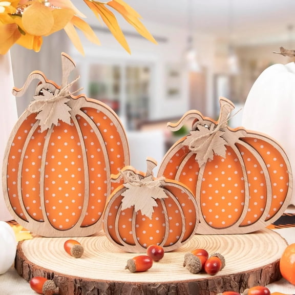3 Pc Wooden Fall Pumpkin Decor, Orange White Polka Dot Hollow Pumpkin Table Decor with Maple Leaf and Jute Bow, Fall Harvest Thanksgiving Dining Table Centerpiece Decor