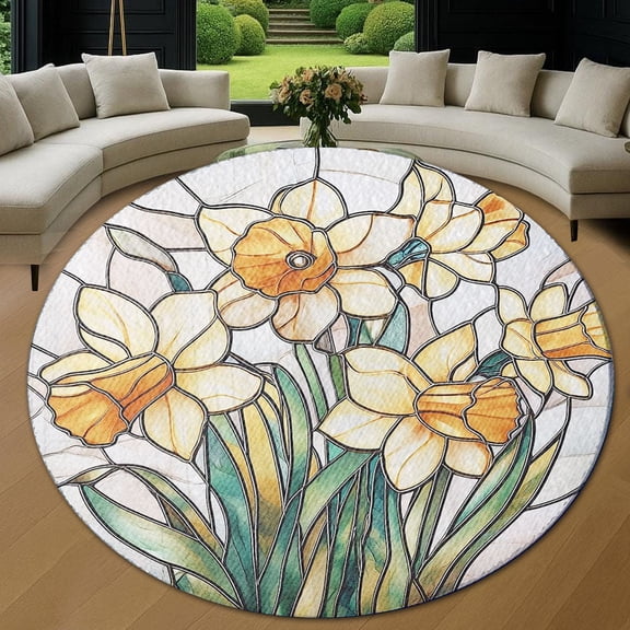Circle Area Rug, Daffodil3 Washable Non-Slip Floor Carpet, Soft Rug for Living Room Bedroom Decor 31 Inch
