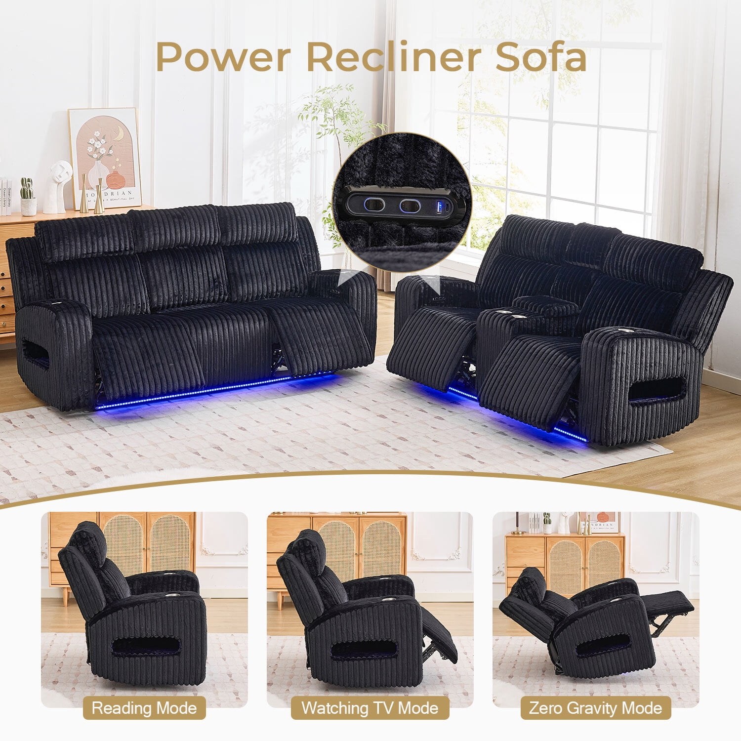3PCS Power Zero Gravity Reclining Sofa Set with Adjustable Headrests,Bluetooth Speakers,Reading/LED Lights,Type C/USB Port,Cup Holders,Storage Console,Faux Fur Electric Couch,Loveseat,Recliner,Black