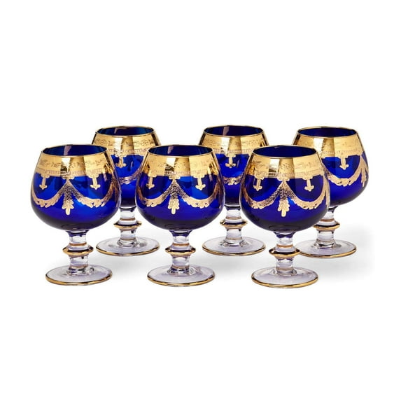 Interglass - Italy, Cobalt Blue Crystal Cognac Snifters Goblets, Vintage Design, 24K Gold Hand Decorated, 10 Oz, SET OF 6